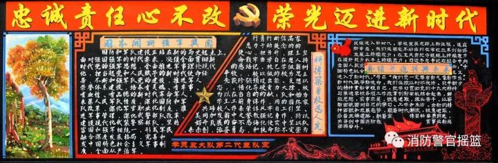 步骤1：以学习盛会精神为主线。以暖色调渲染庆祝二十大胜利闭幕，以天安门和人民大会堂作为主画呼应板报主题;以整体对称局部不规则的排版方式表现大队多种形式学习二十大精神。