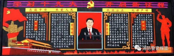 步骤5：板报主题为“不忘初心绘织消专梦，铁心向党争当主人翁”，板报由“二十大，新征程”、“昂首新时代”、“励警心斗志”、“勇奋进，消专梦”四个板块组成，在设计上体现严谨与灵动并存的特点，展现大队官兵铁心向党的良好精神风貌。