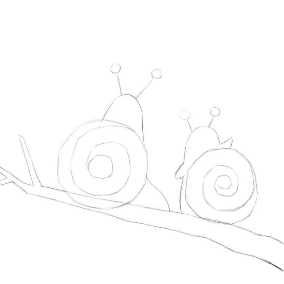 步骤1：首先我们采用正方形构图，用铅笔在正方形画纸  上勾勒出树枝上的两只蜗牛背影。