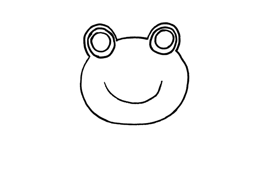 步骤2：依次画出两只大大的眼睛和弯弯的嘴。