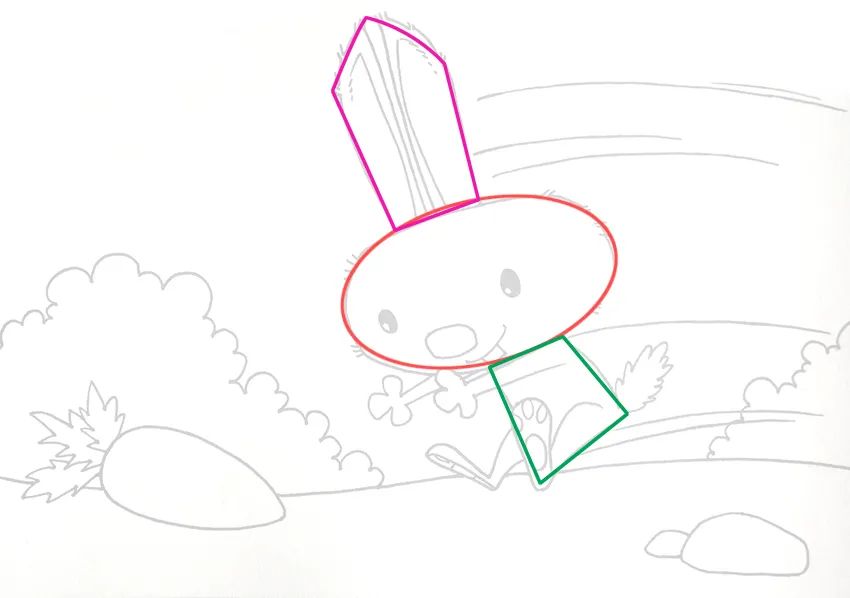 步骤1：这幅画是很早以前绘制的，当时没有拍摄铅笔草图的步骤，所以我们改为对兔子造型的分析和概括，它的身体主要是由图上三个基本形构成的。