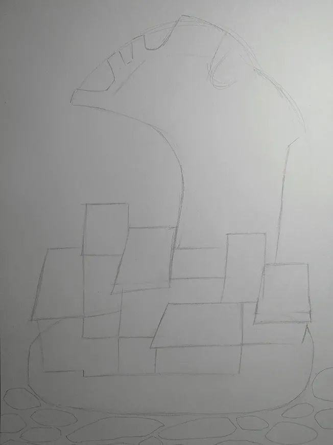 步骤1：首先我们采用竖向构图，用铅笔勾勒初步的草图，确定基本构图。