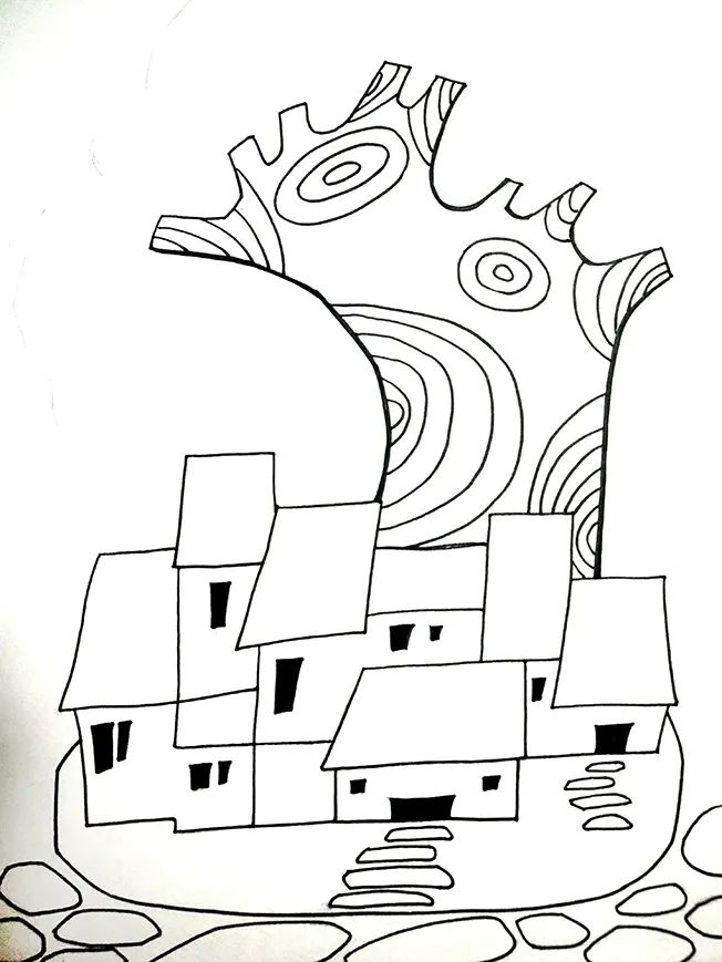 步骤3：用勾线笔对画面进行描线。