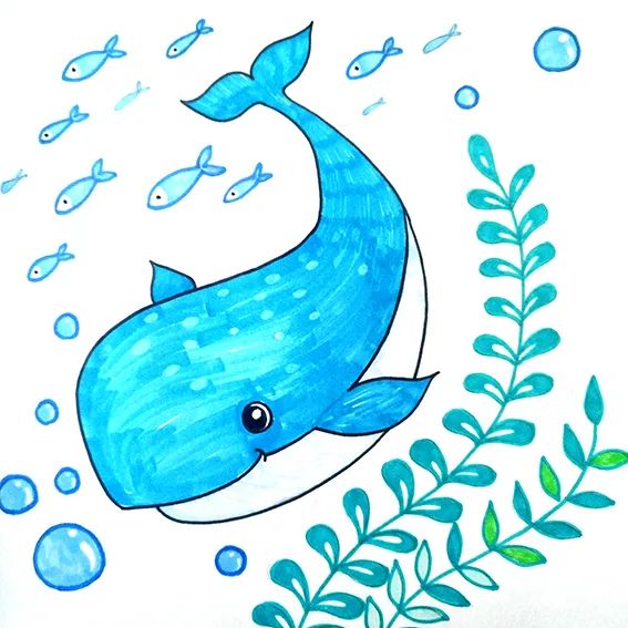 漂亮的大鱼和小鱼儿童画