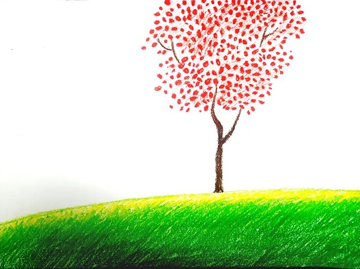 步骤2：然后画出草地上的树，并画出红色的树叶。