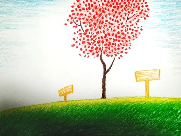 步骤3：在草地上，树的两侧画两个木牌，并在画面边缘添加蓝色的天空背景。