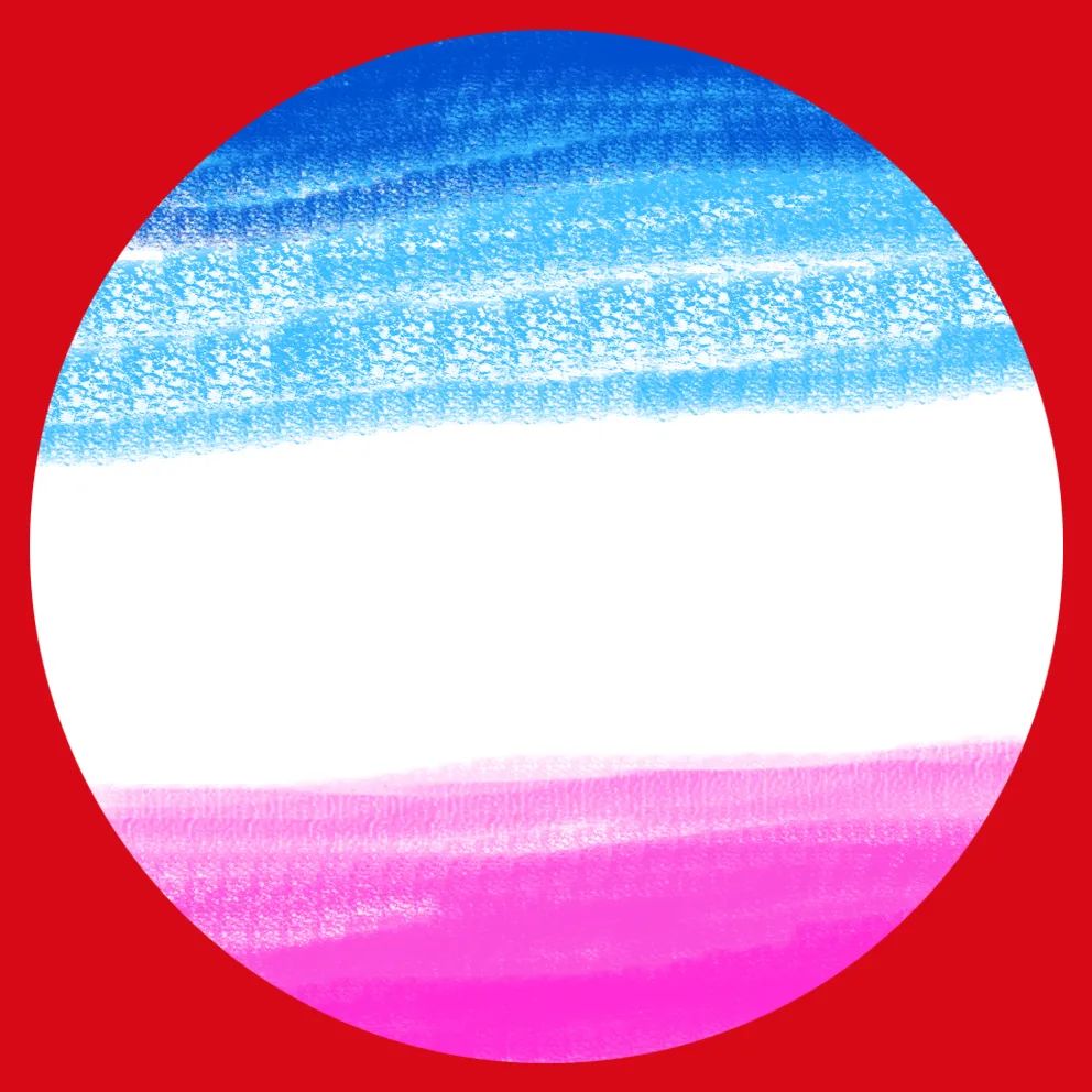 步骤1：首先，我们用油画棒在圆形素描纸上涂抹两组渐变色。一组是蓝色渐变，另一组是玫红色渐变。红色卡纸裁成正方形，做背景。