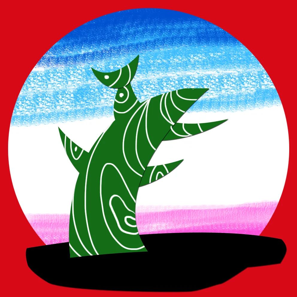 步骤2：用绿色卡纸剪出牛字形树干，粘贴表示土地的黑色卡纸上。黑色卡纸可以遮盖住圆形素描纸的底部，破一下圆形，使画面避免呆板。