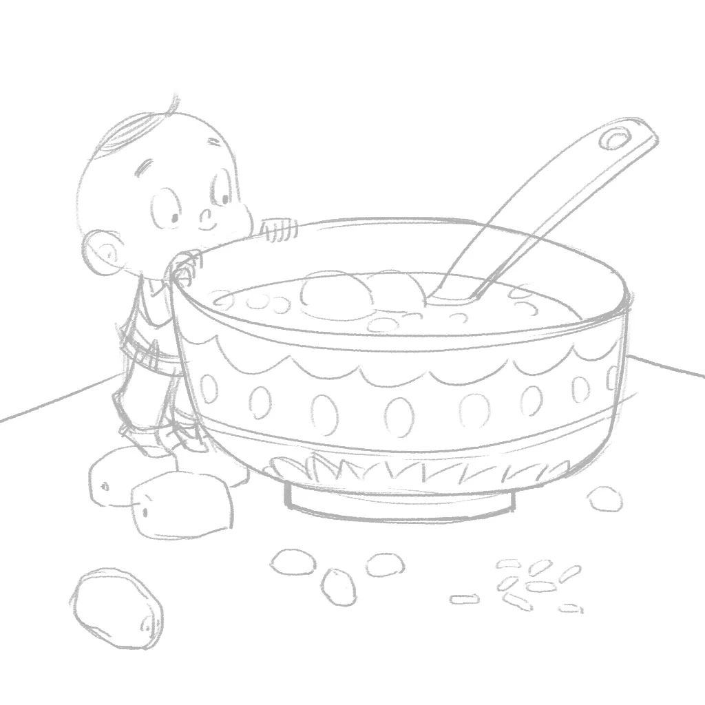 步骤1：首先我们在一张正方形画纸上，用铅笔绘制草图，注意小男孩和大碗之间的动作关系和大小比例。