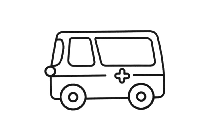 步骤4：前车窗的下面画上圆形的车灯，再在车身中间画上救护车标志性的红色十字救护标致。