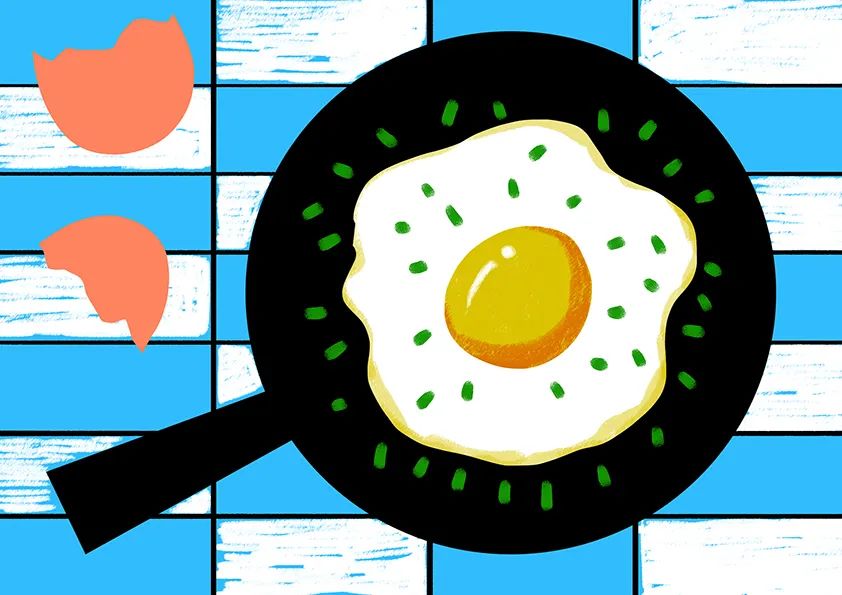 步骤4：最后我们给煎蛋点缀一些绿色的葱花，并对背景格子图案进行涂色装饰，至此整幅作品就完成了。今天的课程分享就到这里，希望对您有所启发。