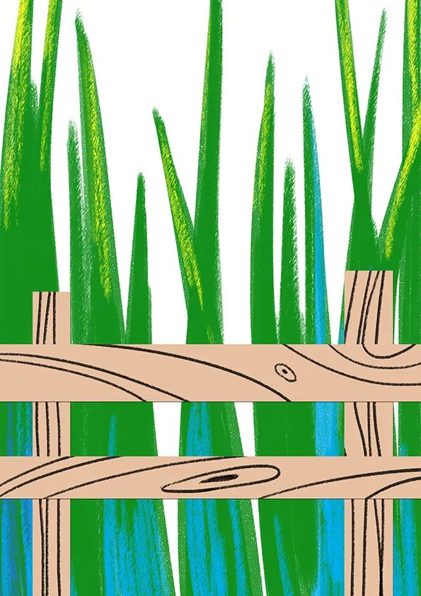 步骤2：接着我们用牛皮纸剪成条状，拼贴成木质栅栏的样式，并用黑色勾线笔绘制一些木纹效果，粘贴到草丛上。