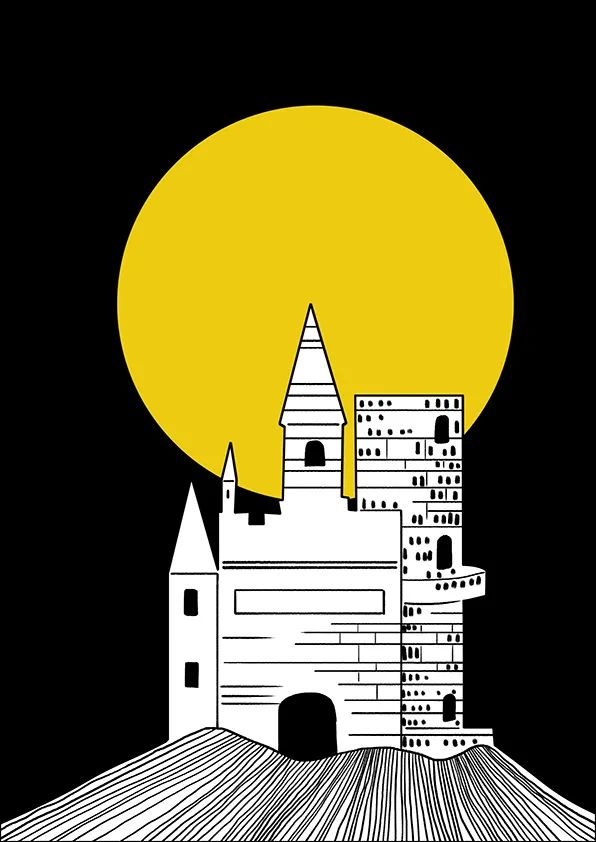 步骤2：第二步我们在素描纸上用黑白线描的技法画出山顶的城堡，并将山和城堡一起剪下，粘贴到黑色卡纸上，构图上注意城堡和圆月的重叠关系。