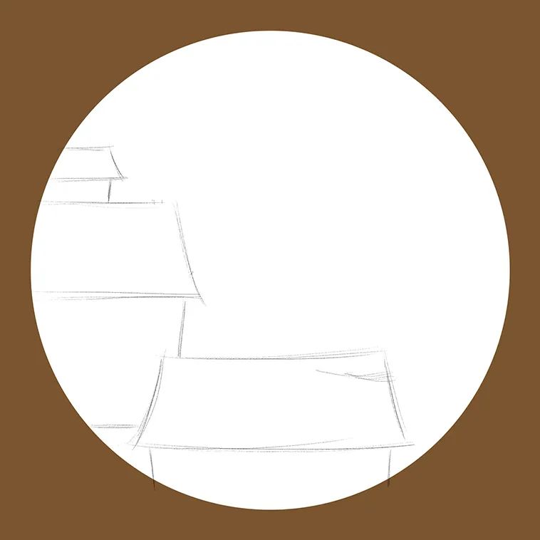 步骤1：首先我们在圆形构图内画出村居房屋的草图，注意构图和基本形。