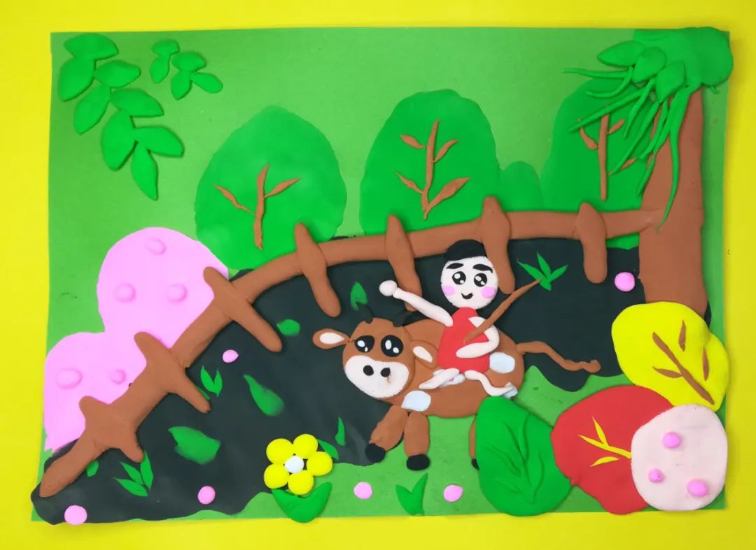 步骤7：左上方捏出柳叶，右侧树木捏出柳条。