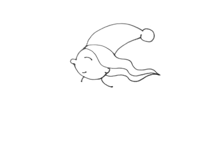 步骤2：画上女巫飘逸的波浪形状的头发和圆圆的头，脸部加上闭着的眼睛、嘴巴