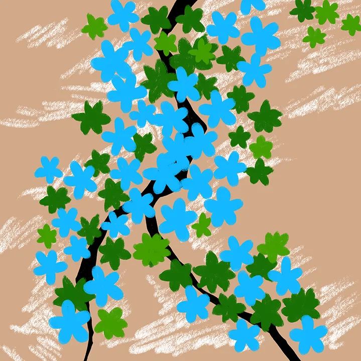 步骤5：待叶子颜料干燥后，用蓝色颜料绘制花朵，同时补充一些叶子。