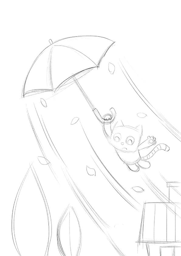 步骤1：首先我们用铅笔在画纸上构思画面情节、安排构图、勾勒各部分的基本形。