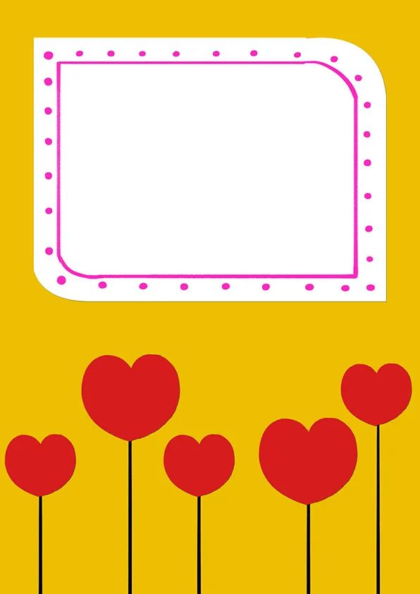 步骤2：然后，我们用黑色勾线笔沿着每个心形的向下画一条直线。并把一块素描纸剪成上图中的样式，将其粘贴到红心上方。