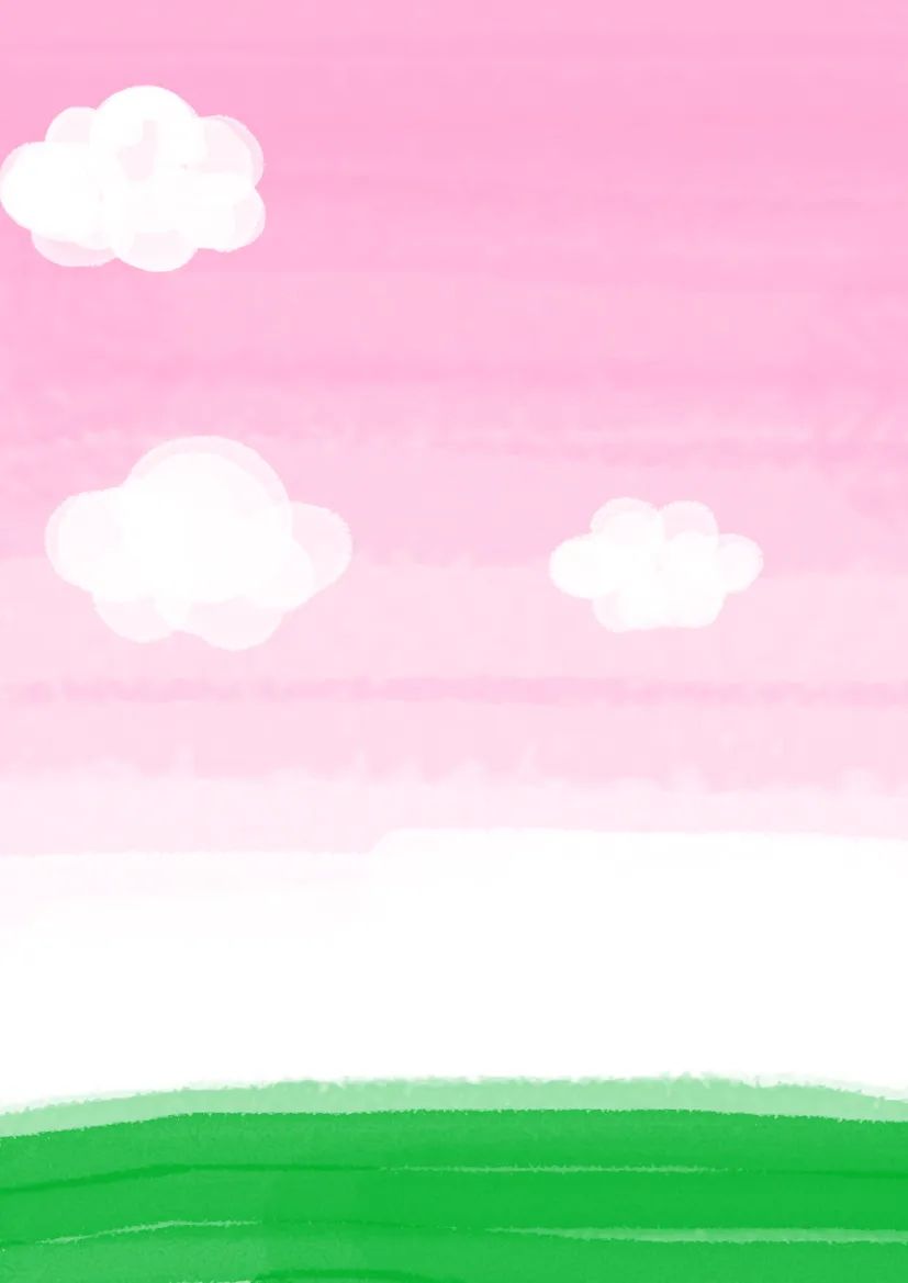 步骤1：首先我们来画背景：粉色天空、白云和绿草地。
