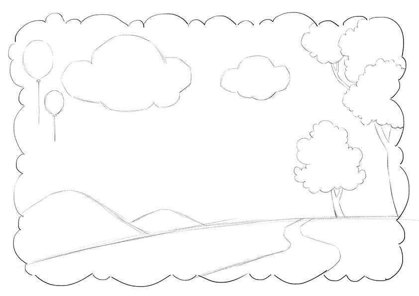 步骤1：首先我们用铅笔勾勒出画面的边框，并画出除人物外的其他元素。