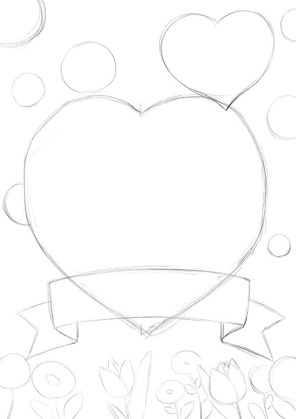 步骤1：首先我们用铅笔勾勒画面的基本构图。确定作为主体边框的心形，以及其他装饰元素的位置。