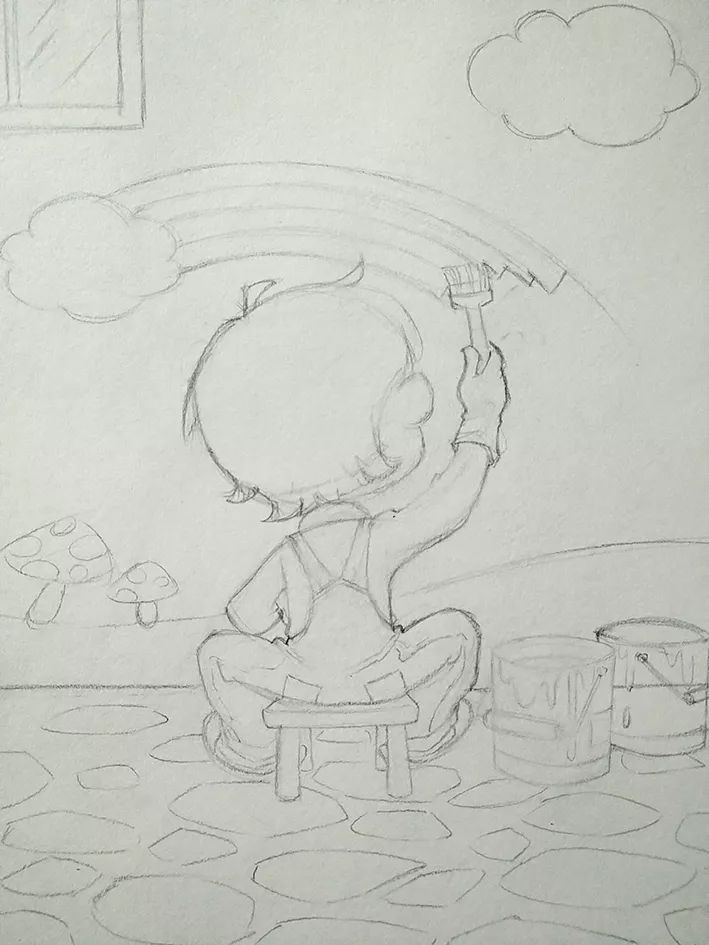 步骤4：上一步骤画面构图基本完成，这一步主要是设计画中小男孩绘制的内容，相当于画中画。同时丰富一下地面。