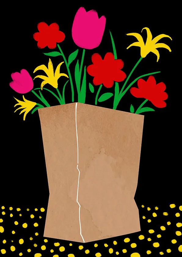 步骤3：画出花朵的茎和叶子，在画面下方点缀黄色斑点，并用白色在牛皮纸上画出袋子的转折线。