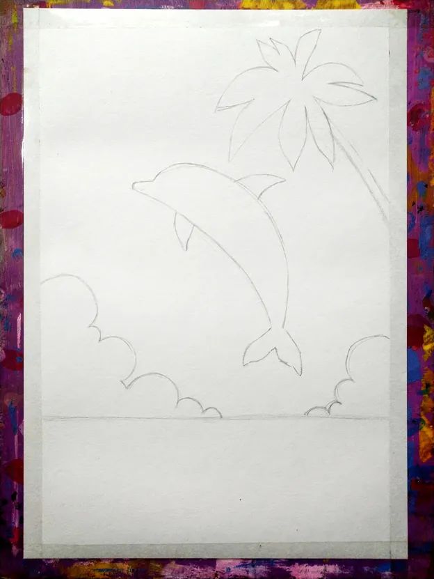 步骤1：首先我们在素描纸上画出铅笔草图。画面内容相对简单，所以造型方面要求可以更严格一些，重点是海豚优美的动态。