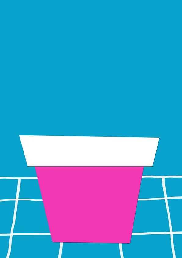 步骤2：把玫红卡纸剪成上宽下窄的花盆形状，并用白卡纸做花盆的口，将两者组合拼贴到蓝色卡纸上。