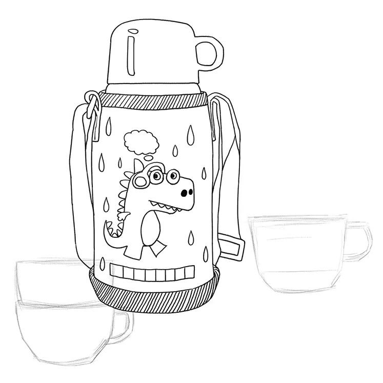 步骤2：接下来，我们用画出水杯的精细草图并用勾线笔进行勾线。