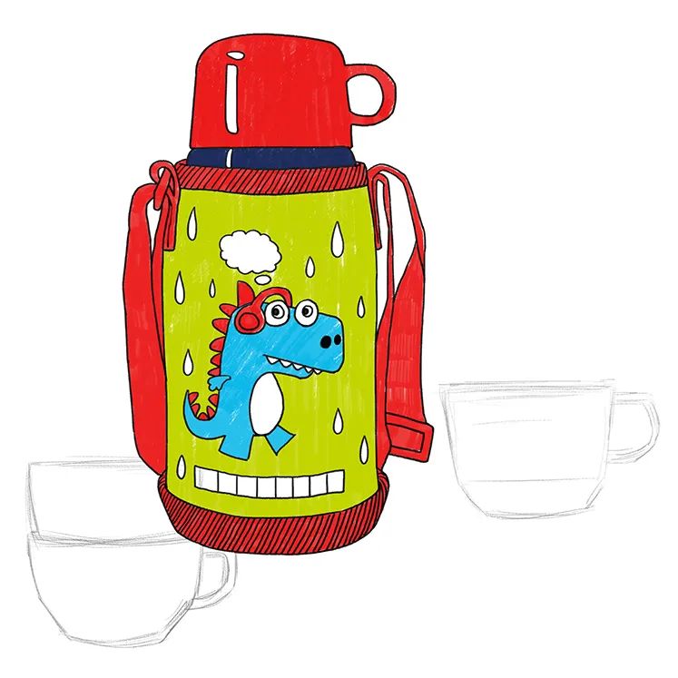 步骤3：三个小水杯我们采用剪贴的方式来完成。用不同颜色的硬卡纸剪出杯子的形状，并用白色装饰图案，然后把小水杯粘贴到画面内。此时，画面的主体部分完成，但是背景太空洞。