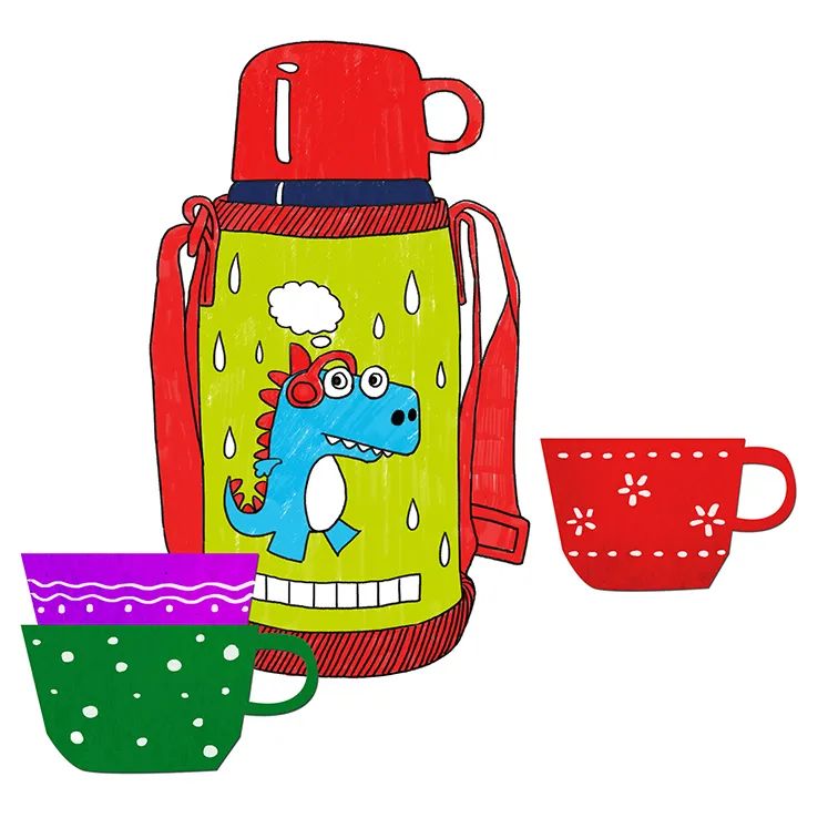 步骤4：三个小水杯我们采用剪贴的方式来完成。用不同颜色的硬卡纸剪出杯子的形状，并用白色装饰图案，然后把小水杯粘贴到画面内。此时，画面的主体部分完成，但是背景太空洞。