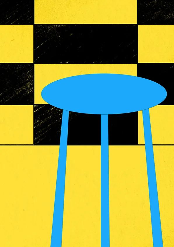 步骤2：接下来，我们用一块椭圆形蓝色卡纸和三个细长条状的蓝色卡纸，拼贴出高高的桌子。