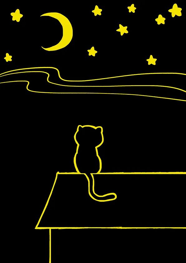 步骤2：接着我们给星星画出星光，在猫的旁边刮出想象气泡和小鱼，用短线装饰屋顶，刮出房间的亮灯的窗户以及房子周围的树枝。画面一下子丰富起来了。