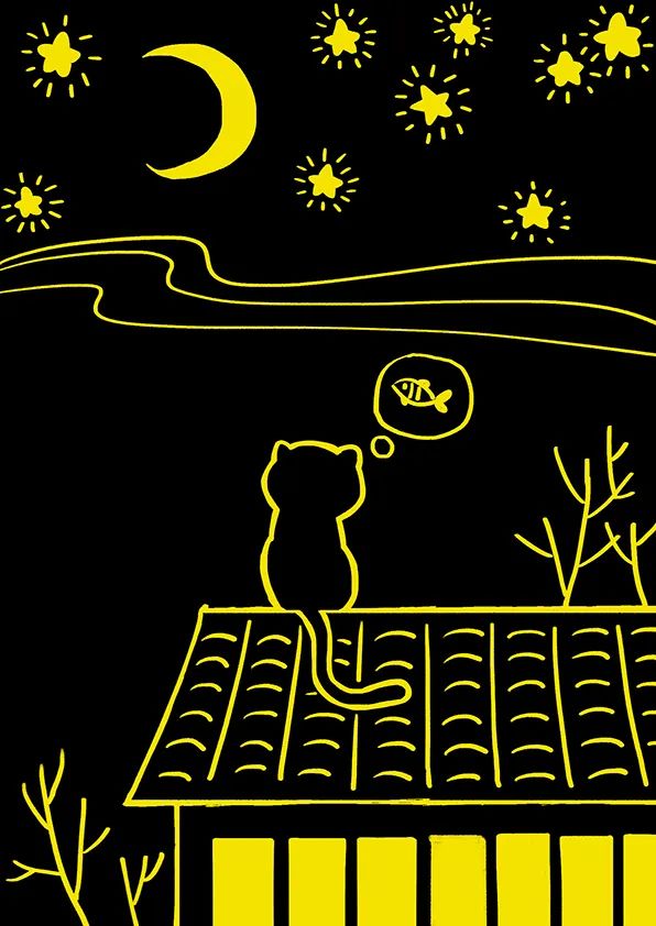 步骤3：接着我们给星星画出星光，在猫的旁边刮出想象气泡和小鱼，用短线装饰屋顶，刮出房间的亮灯的窗户以及房子周围的树枝。画面一下子丰富起来了。