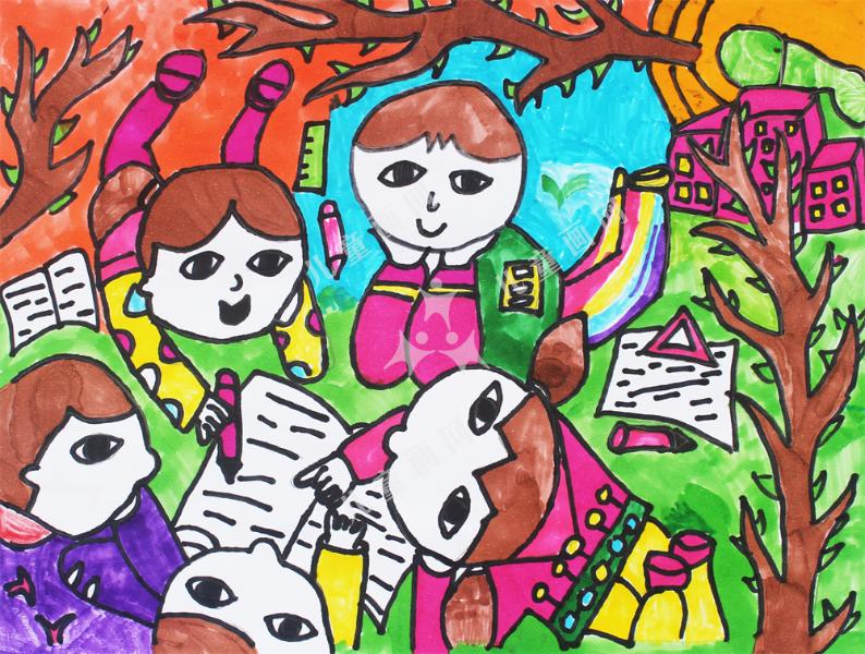 树下阅读儿童手绘欣赏