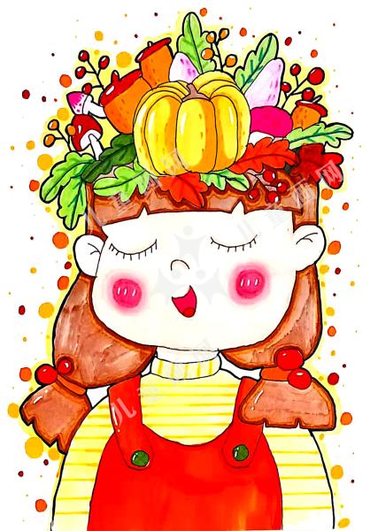 儿童手绘秋天的女孩