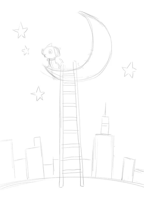 步骤1：首先我们在创作之处习惯用铅笔轻轻勾勒草图，以探索构图和造型元素的各种可能性，从而获得最佳创意效果。建议多画一些小稿，然后对比筛选，确定方案。