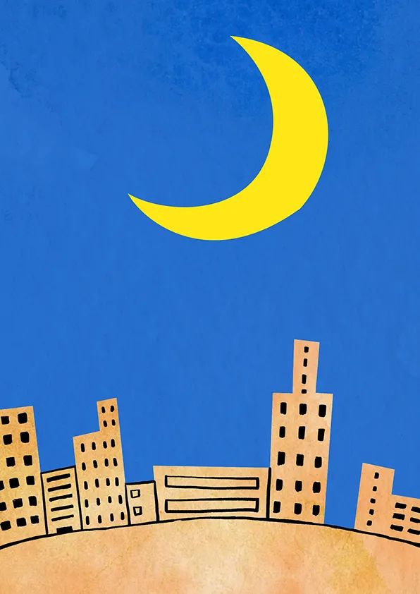 步骤3：该步骤我们用黑色勾线笔给地面建筑物添加一些窗户之类的细节。同时，用黄色硬卡纸剪出弯月，将其粘贴到画面上方。