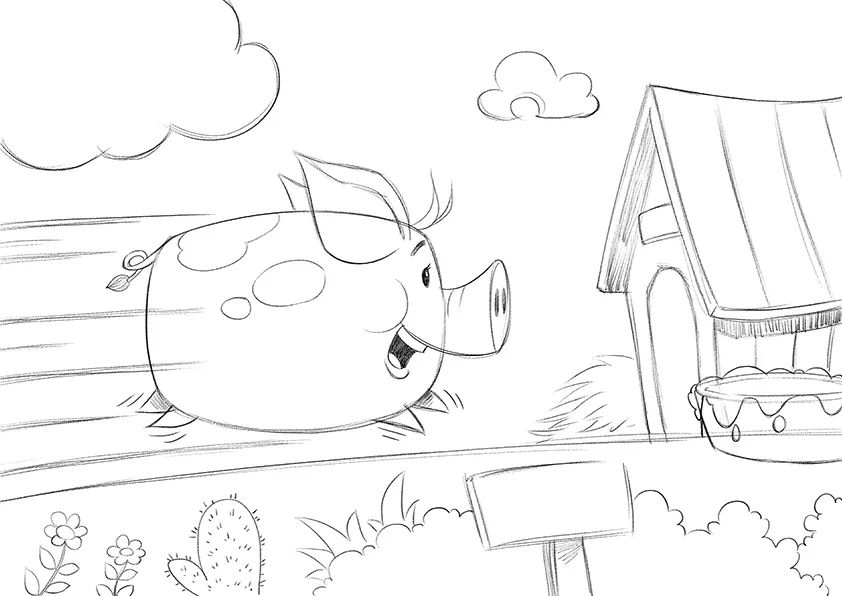 步骤2：第二步依然是草图阶段。我们给小猪添加五官、四肢等细节。并安排画面的场景。这个步骤考验我们的绘画能力和想象力，因此，是比较重要的一个步骤。