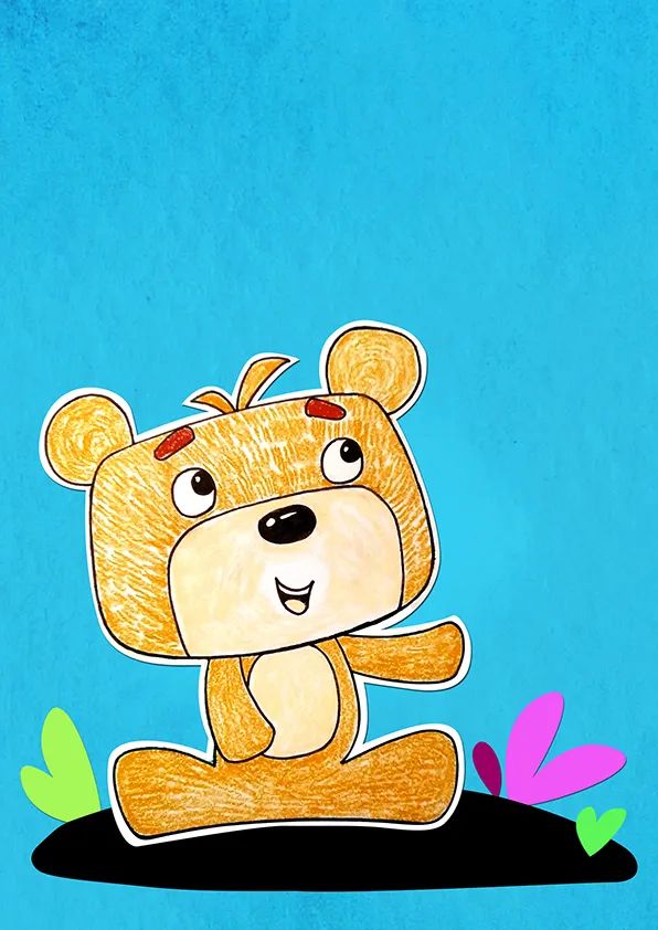 步骤3：在卡通小熊周围，用各色卡纸做一些小的点缀，丰富画面场景。