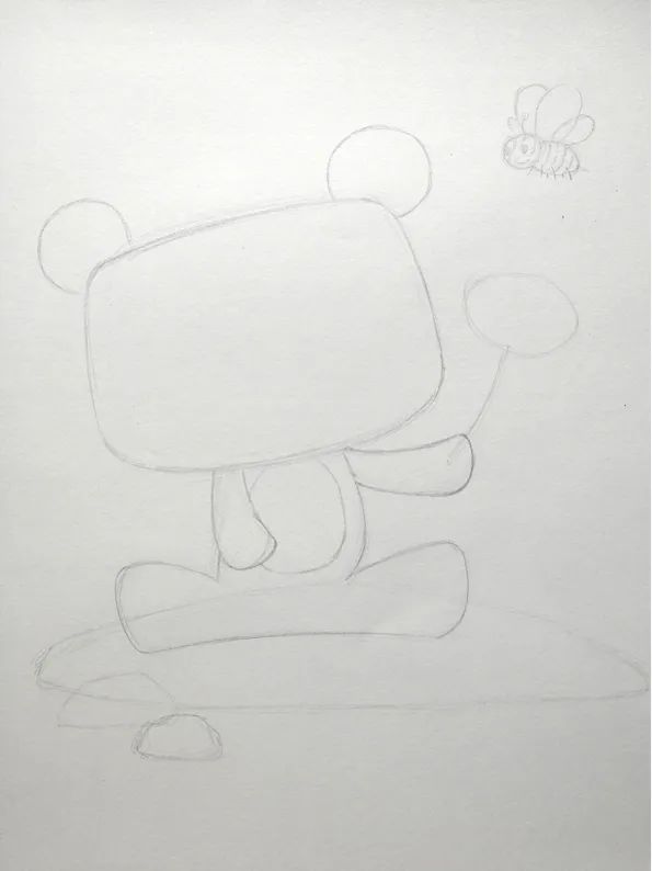 步骤1：首先我们用铅笔勾勒出小熊的基本形和动态。安排基础的场景和蜜蜂。