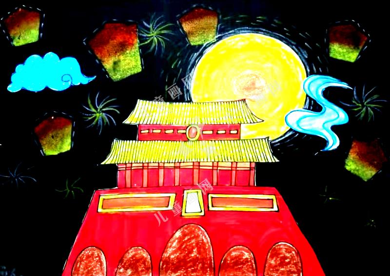 儿童手绘画月夜