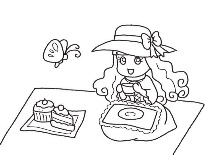 赏花喝茶野餐简笔画画法步骤-图5