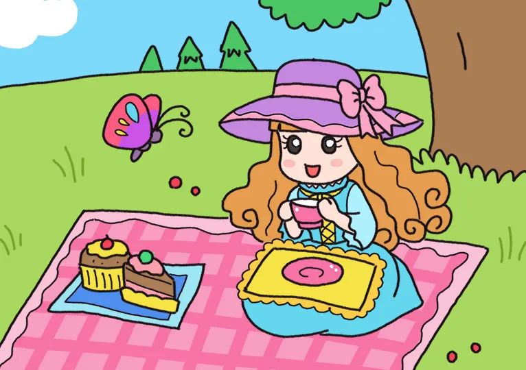 赏花喝茶野餐简笔画画法步骤