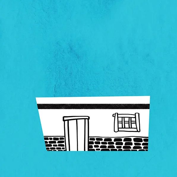 步骤1：首先我们用黑色马克笔或勾线笔在素描纸上画出小屋墙壁的效果，并将其剪下粘贴到正方形蓝色卡纸上。注意粘贴的位置要得当，不要太高或太低。