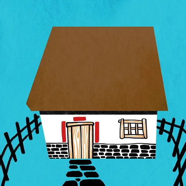 步骤2：第二步我们要丰富一下画面的元素。用褐色卡纸做小屋屋顶；给墙壁做颜色装饰；用黑色马克笔画出小屋的篱笆以及通往门口的碎石路。