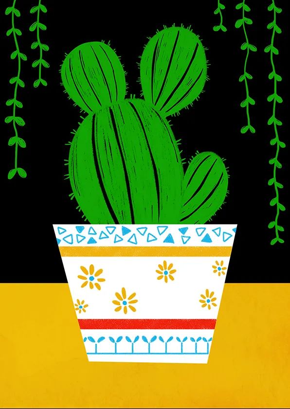 步骤3：接下来，我们在画面黑色的刮画纸部分开始刮画，利用绿底色刮出仙人掌的主体造型，并在画面两侧刮出垂下来的绿植弥补画面构图。