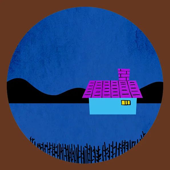 步骤2：第二步用小块儿的紫色卡纸和浅蓝色卡纸剪出屋顶和墙壁，用它们拼出小房子粘贴到画面合适位置。然后用勾线笔在深蓝色卡纸底部画出油菜花的茎。